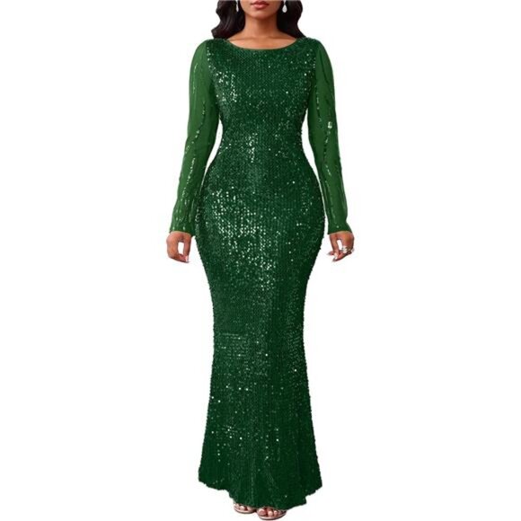 Women's Sequins Round Neck Long Sleeve Maxi Dress Green - Picture 1 of 6